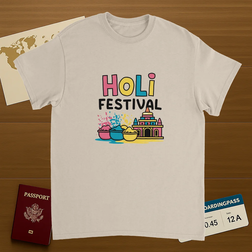 Holi Festival Mathura India Unisex Travel T-Shirt on wooden background with world map, passport, and boarding pass