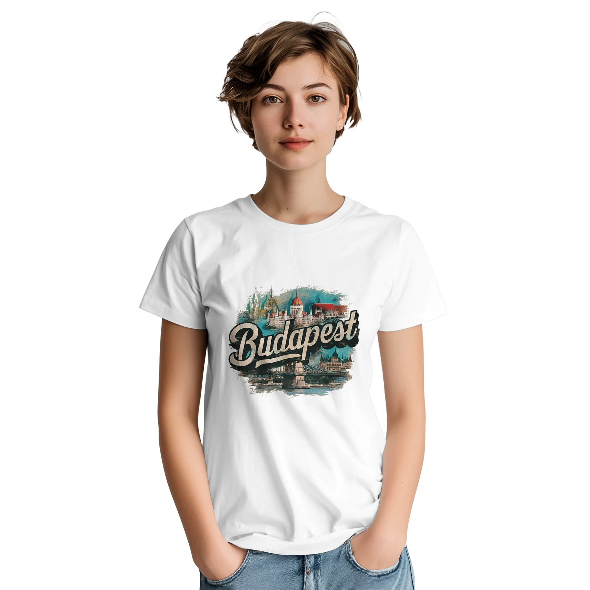 Budapest Hungary Unisex Travel T-Shirt on wooden background with world map, passport, and boarding pass