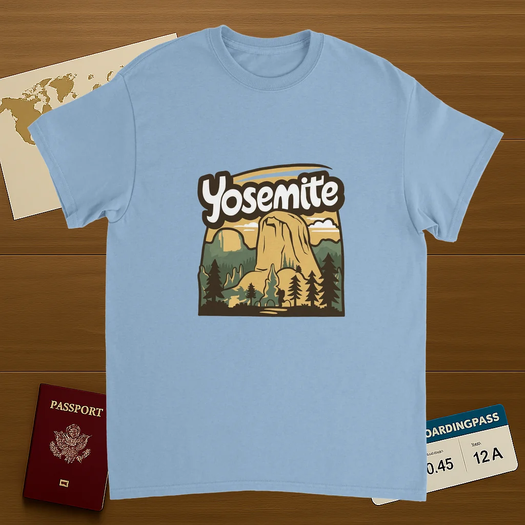 light blue Yosemite USA Unisex Travel T-Shirt on wooden background with world map, passport, and boarding pass