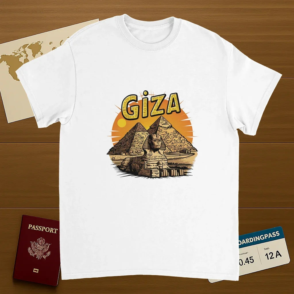 white Giza Egypt Unisex Travel T-Shirt on wooden background with world map, passport, and boarding pass