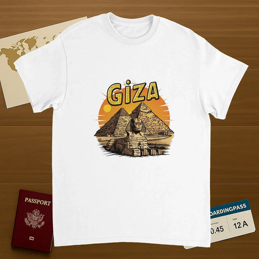 white Giza Egypt Unisex Travel T-Shirt on wooden background with world map, passport, and boarding pass