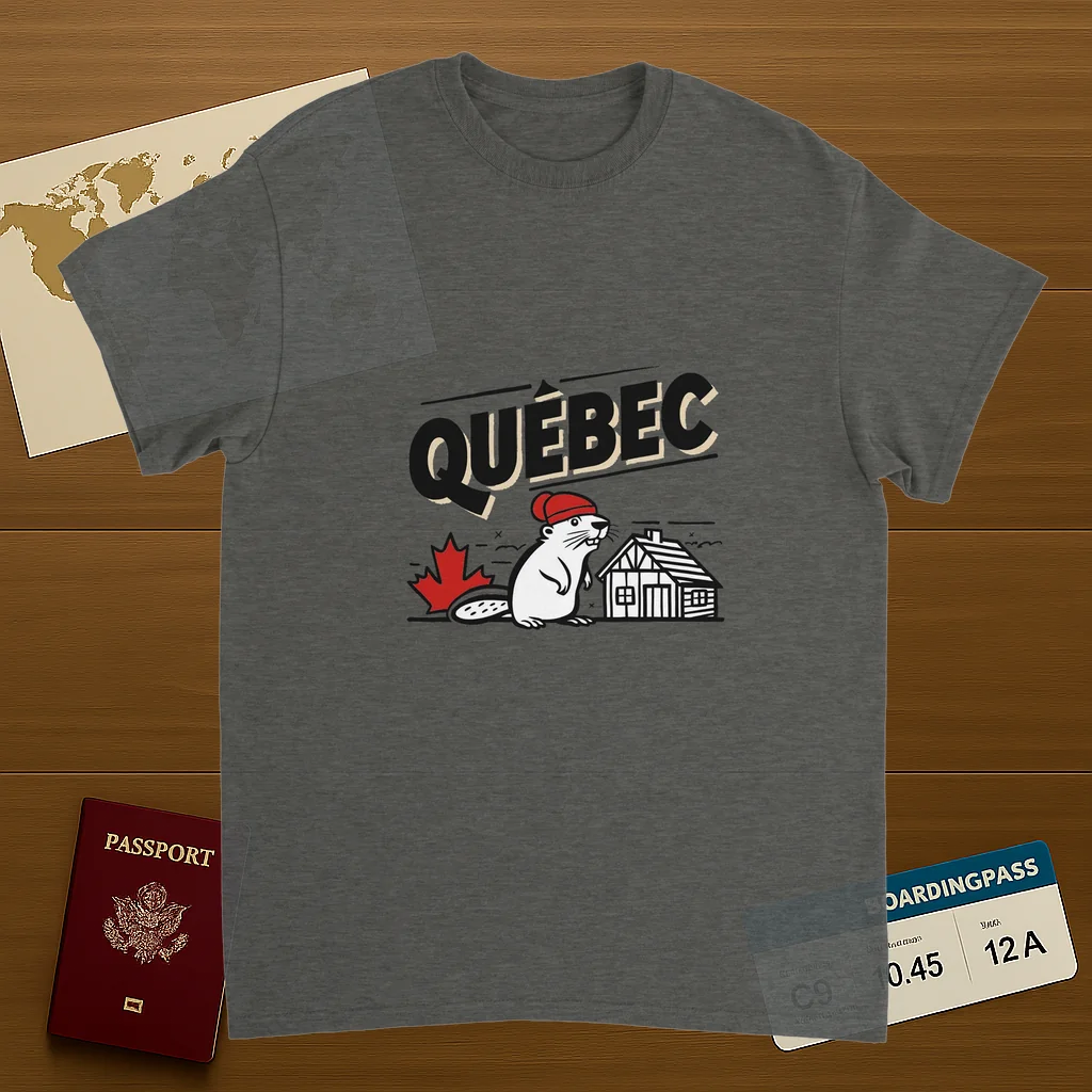 Quebec Canada Unisex Travel T-Shirt on wooden background with world map, passport, and boarding pass