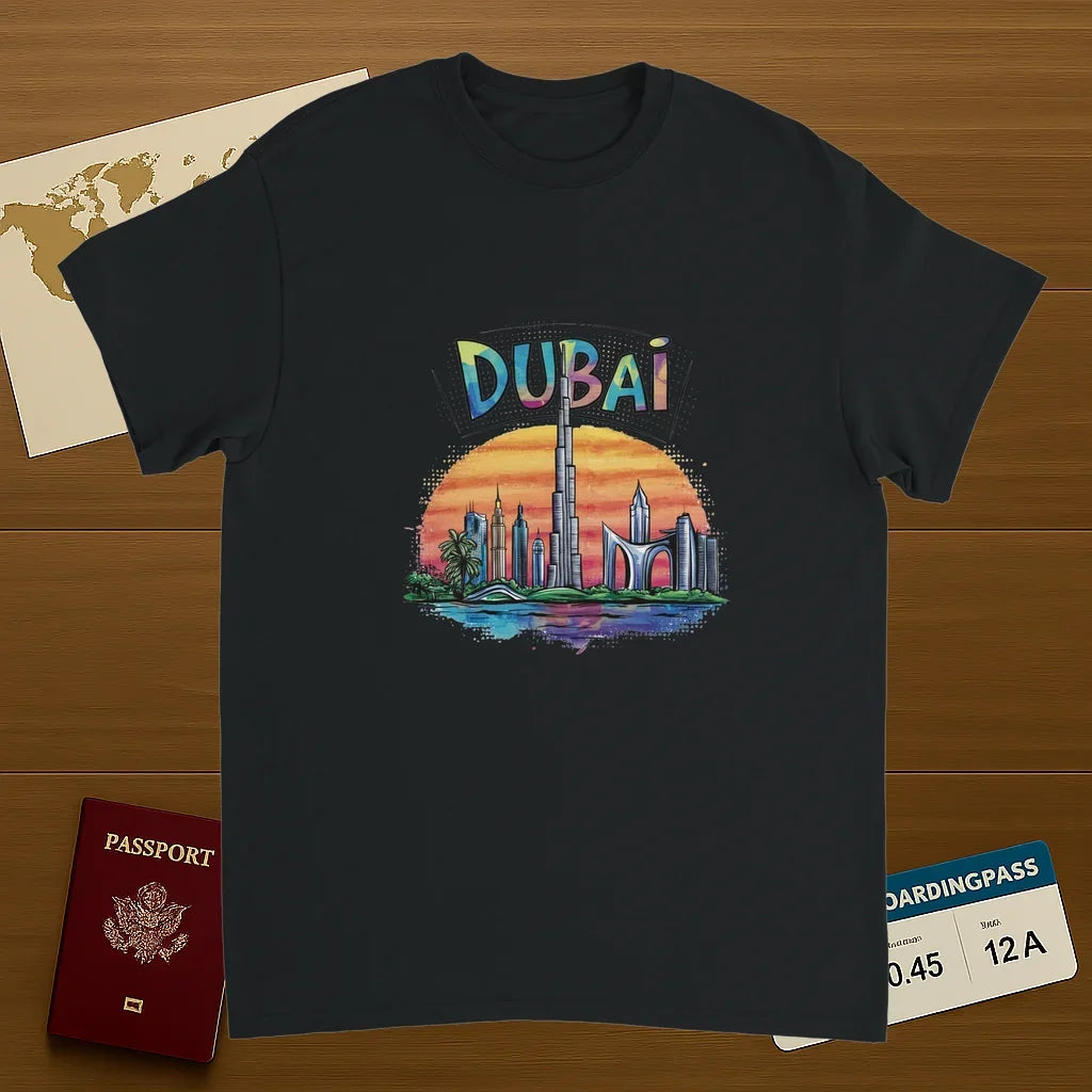 black Dubai Unisex Travel T-Shirt on wooden background with world map, passport, and boarding pass