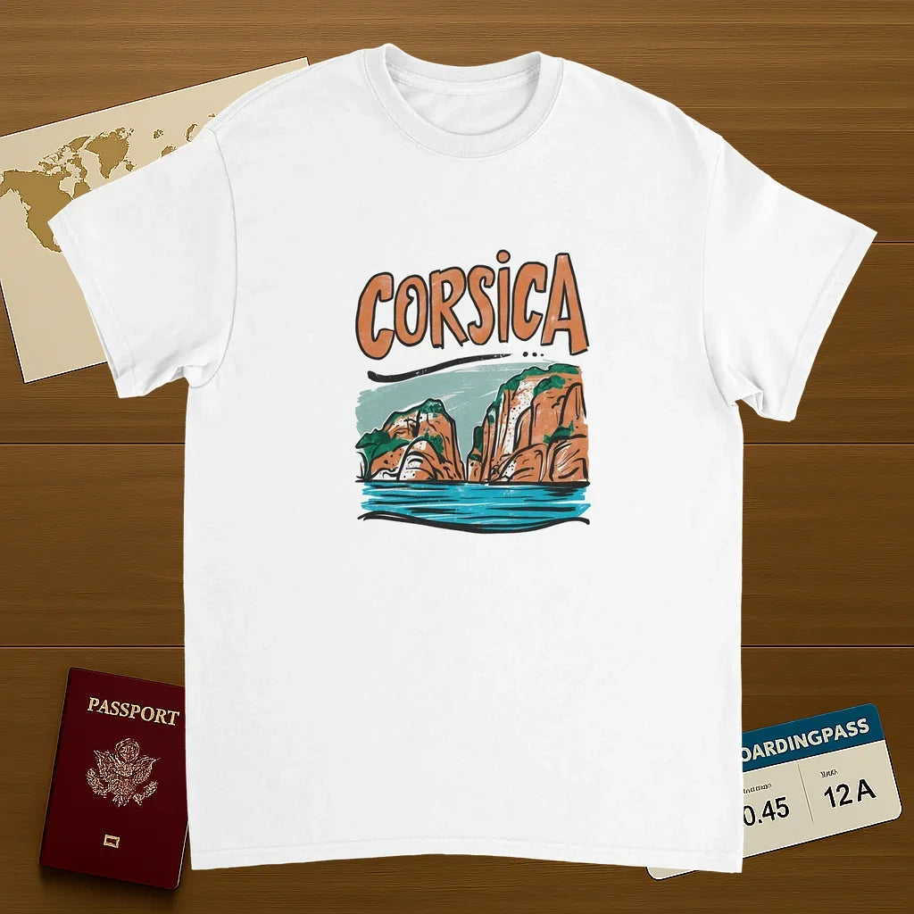 white Corsica Unisex Travel T-Shirt on wooden background with world map, passport, and boarding pass