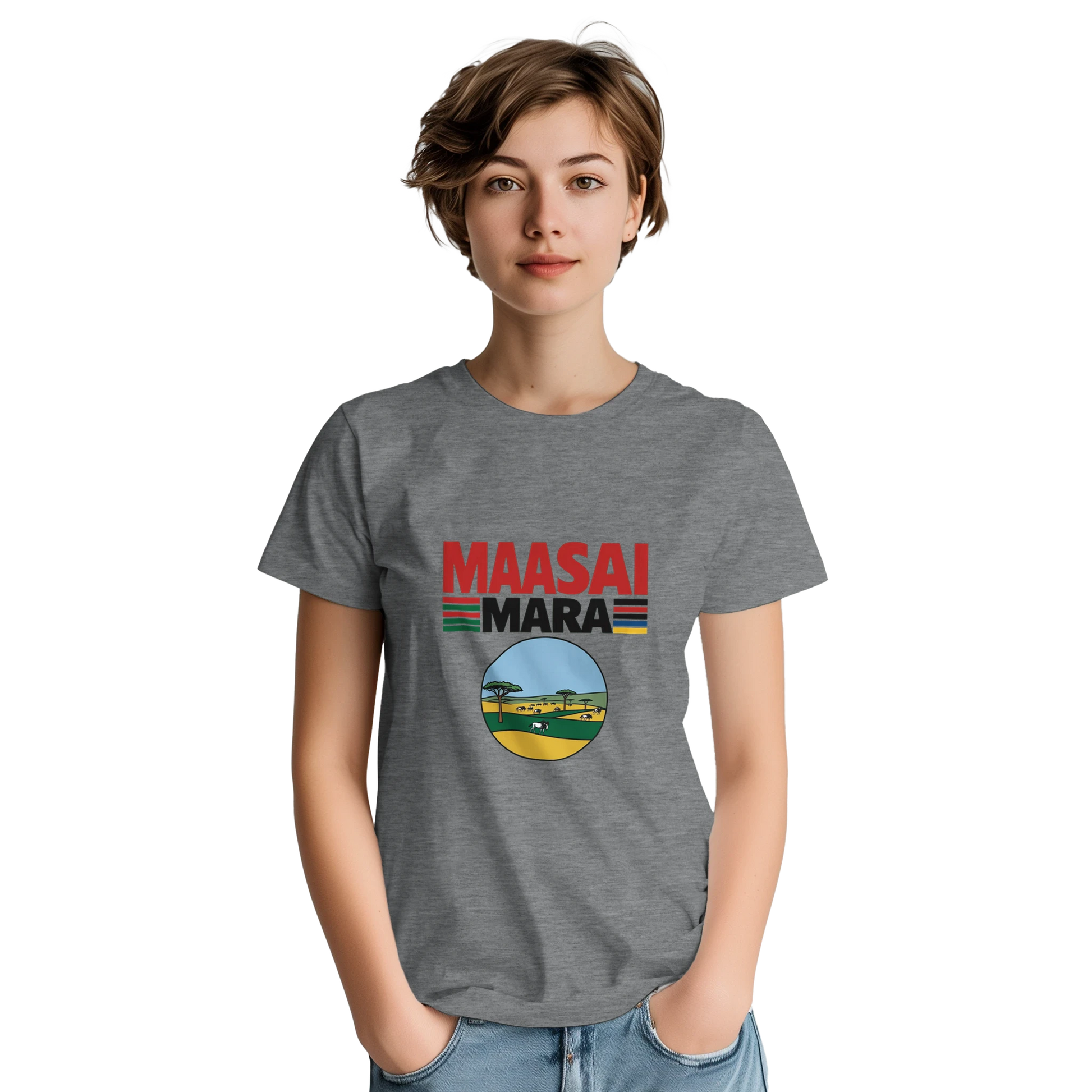 Maasai Mara Unisex Travel T-Shirt featuring a person
