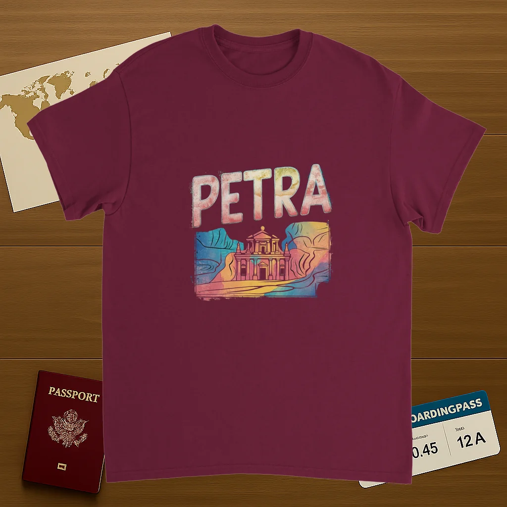 Petra Jordan Unisex Travel T-Shirt on wooden background with world map, passport, and boarding pass