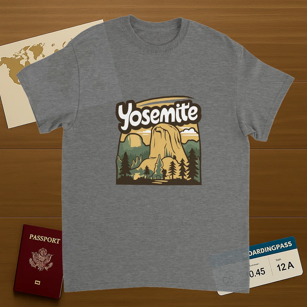 sport grey Yosemite USA Unisex Travel T-Shirt on wooden background with world map, passport, and boarding pass
