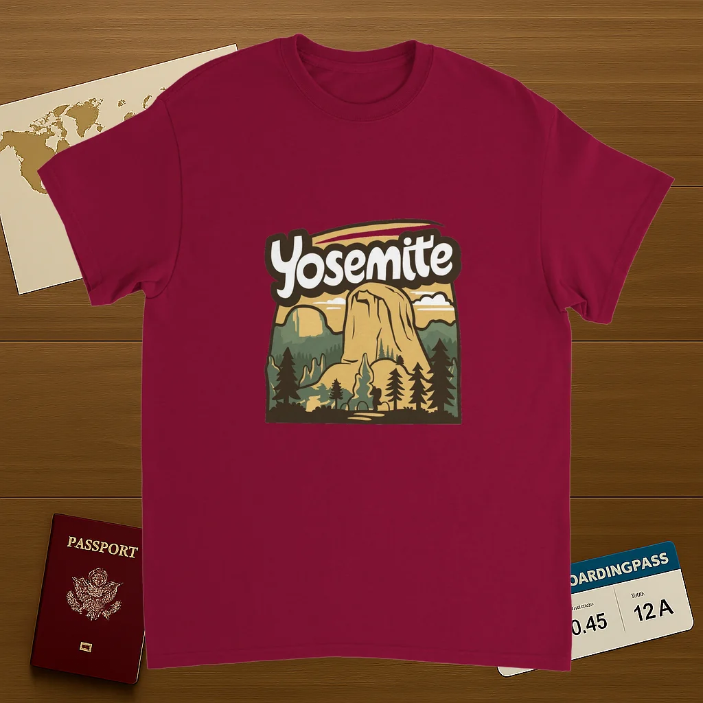 cardinal red Yosemite USA Unisex Travel T-Shirt on wooden background with world map, passport, and boarding pass