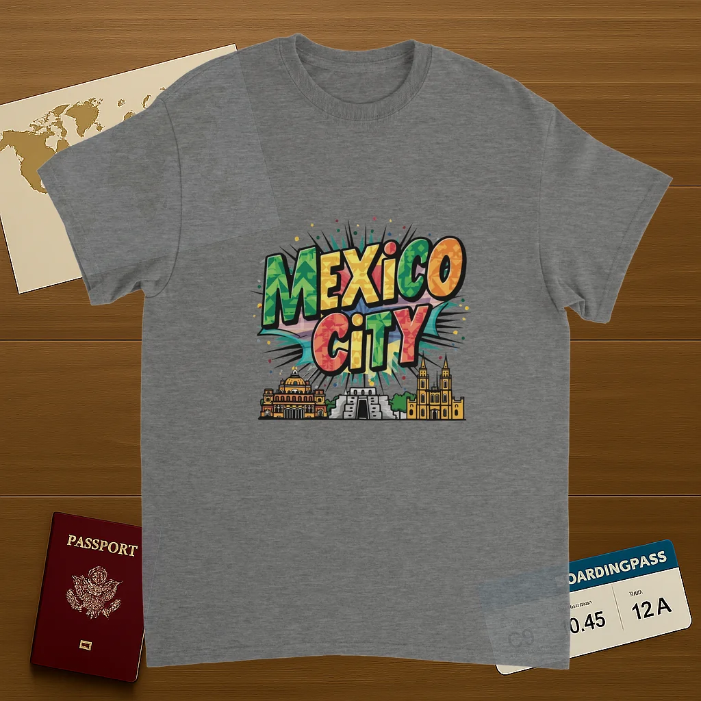 sport grey Mexico City Unisex Travel T-Shirt on wooden background with world map, passport, and boarding pass