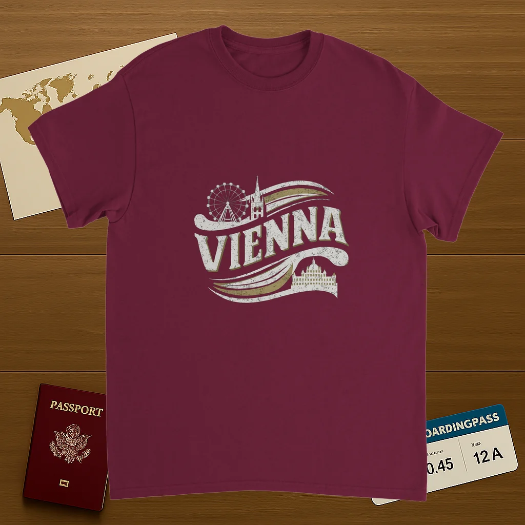 Vienna Austria Unisex Travel T-Shirt on wooden background with world map, passport, and boarding pass