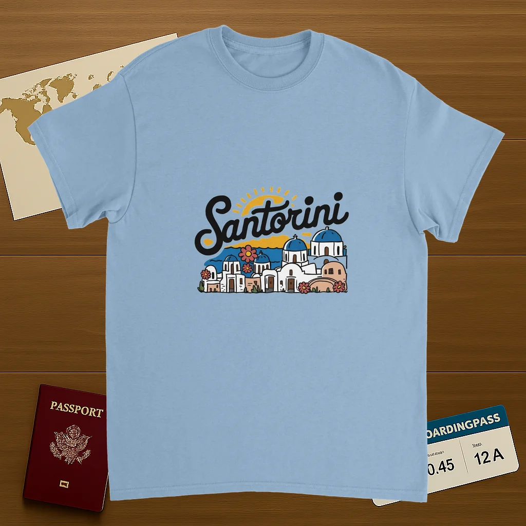 light blue Santorini Greece Unisex Travel T-Shirt on wooden background with world map, passport, and boarding pass