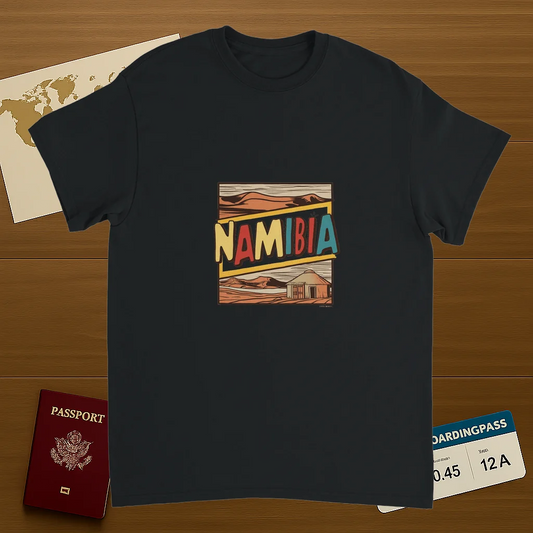 black Namibia Unisex Travel T-Shirt on wooden background with world map, passport, and boarding pass