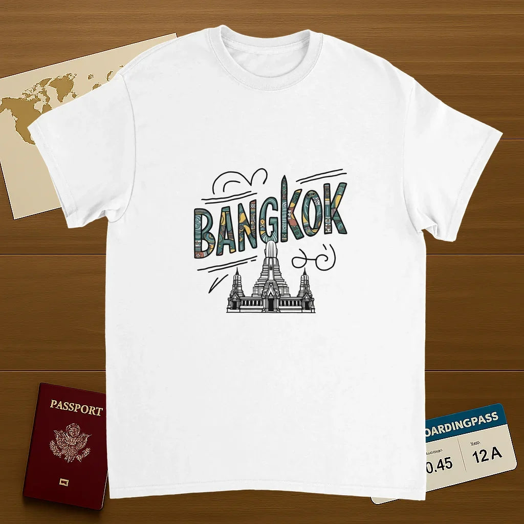 white Bangkok Thailand Unisex Travel T-Shirt on wooden background with world map, passport, and boarding pass