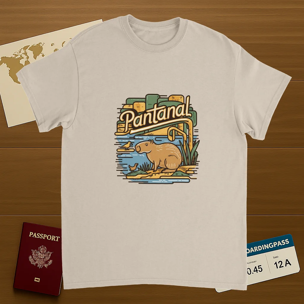 Pantanal Brazil Unisex Travel T-Shirt on wooden background with world map, passport, and boarding pass