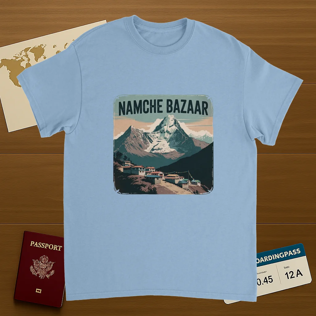light blue Namche Bazaar Nepal Unisex Travel T-Shirt on wooden background with world map, passport, and boarding pass