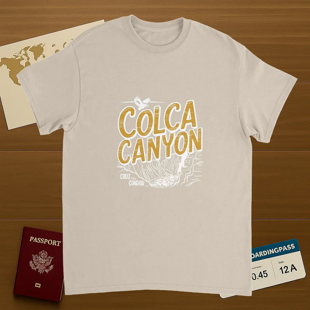 Colca Canyon Peru Unisex Travel T-Shirt on wooden background with world map, passport, and boarding pass