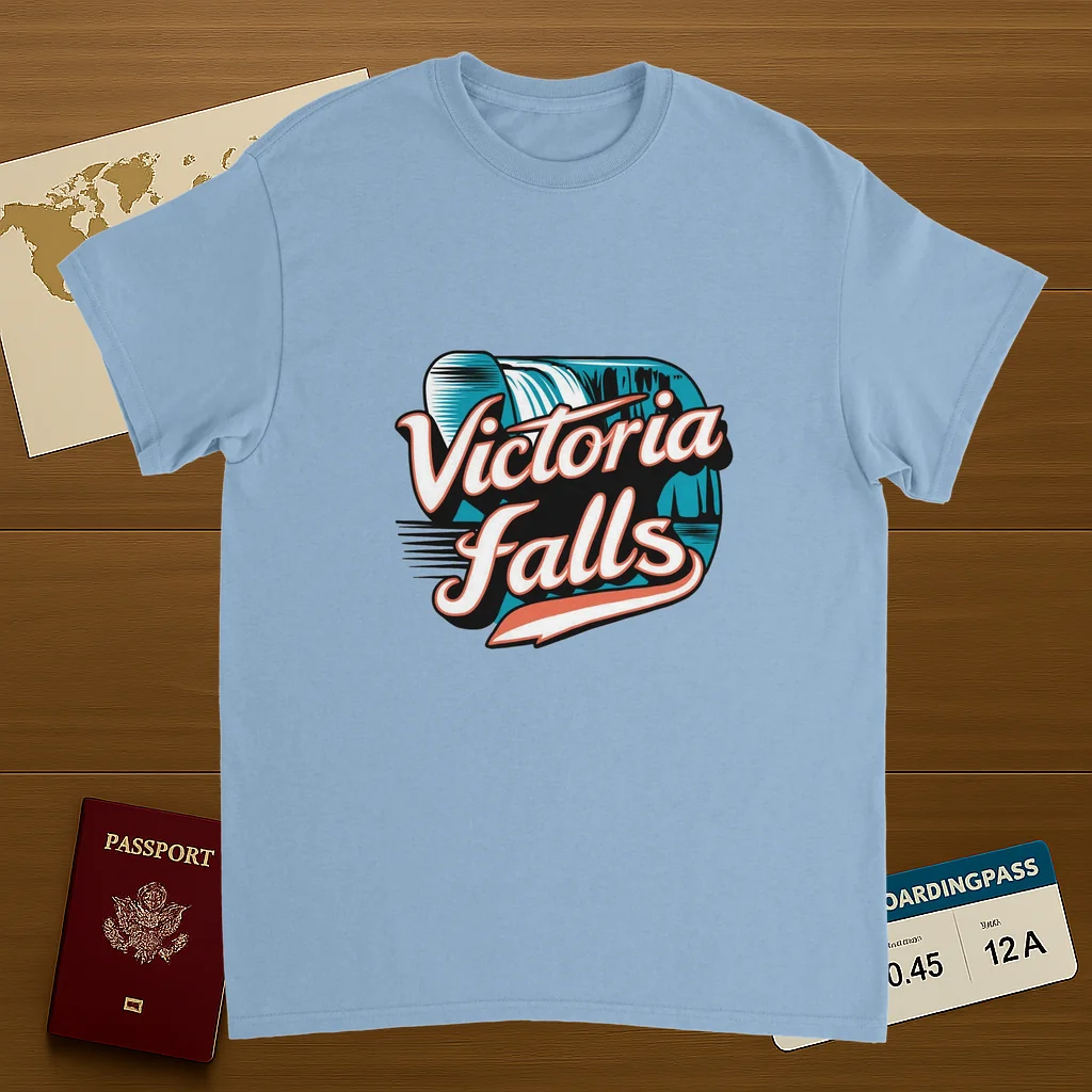 light blue Victoria Falls Unisex Travel T-Shirt on wooden background with world map, passport, and boarding pass