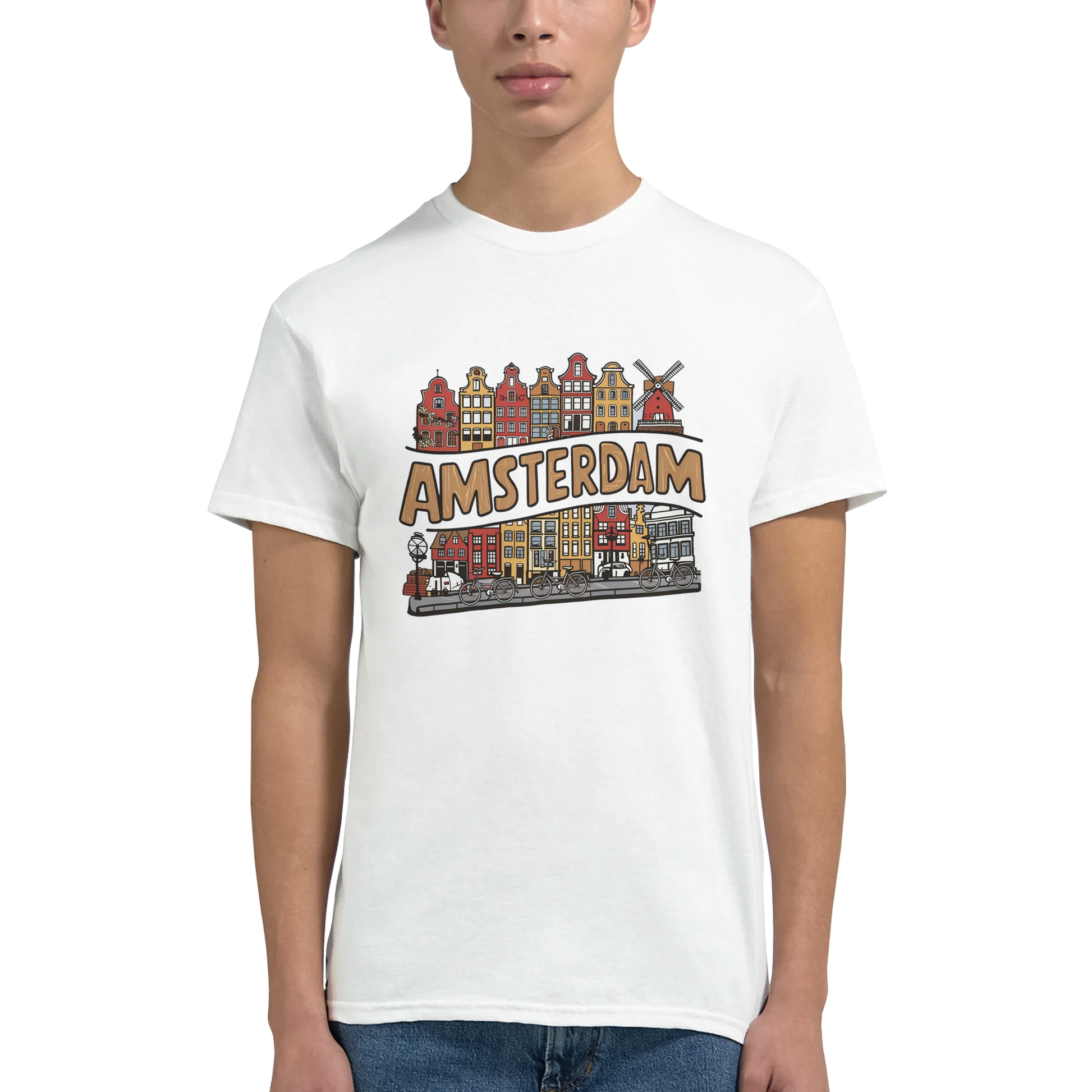 Amsterdam Netherlands Unisex Travel T-Shirt on wooden background with world map, passport, and boarding pass