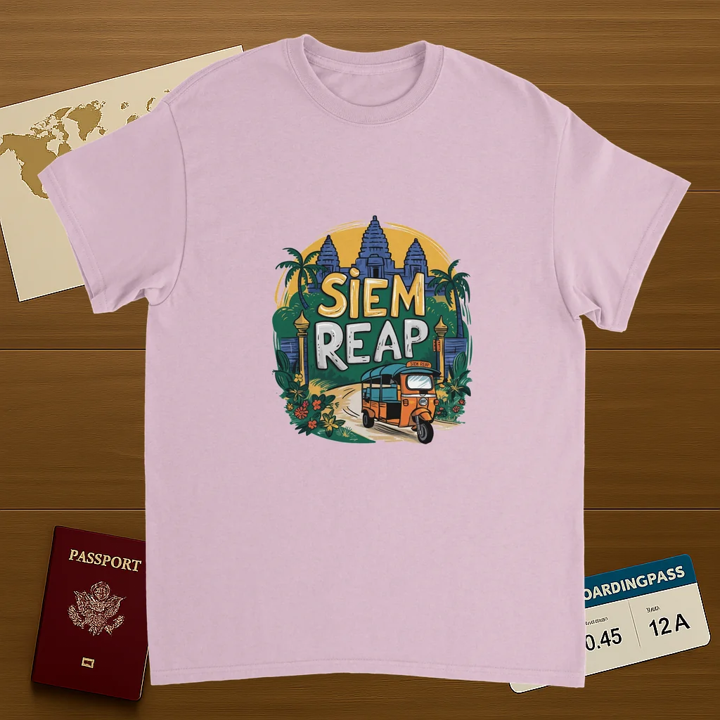 light pink Siem Reap Cambodia Unisex Travel T-Shirt on wooden background with world map, passport, and boarding pass