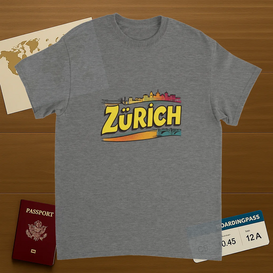 sport grey Zurich Switzerland Unisex Travel T-Shirt on wooden background with world map, passport, and boarding pass
