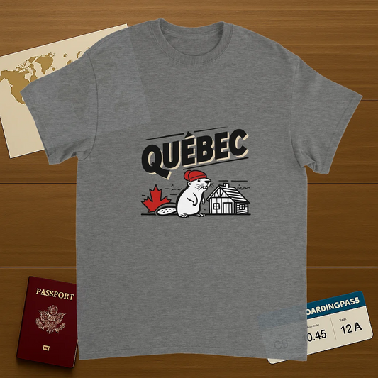sport grey Quebec Canada Unisex Travel T-Shirt on wooden background with world map, passport, and boarding pass