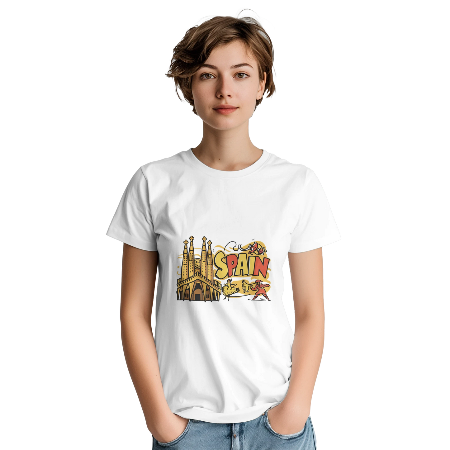 Spain Unisex Travel T-Shirt on wooden background with world map, passport, and boarding pass