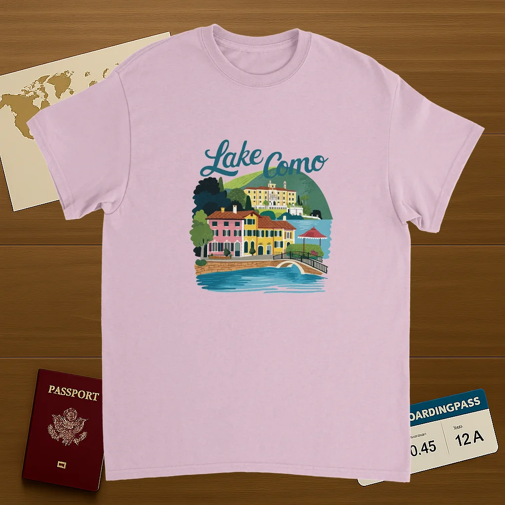 light pink Lake Como Italy Unisex Travel T-Shirt on wooden background with world map, passport, and boarding pass