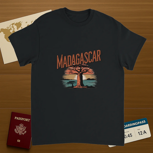 black Madagascar Unisex Travel T-Shirt on wooden background with world map, passport, and boarding pass