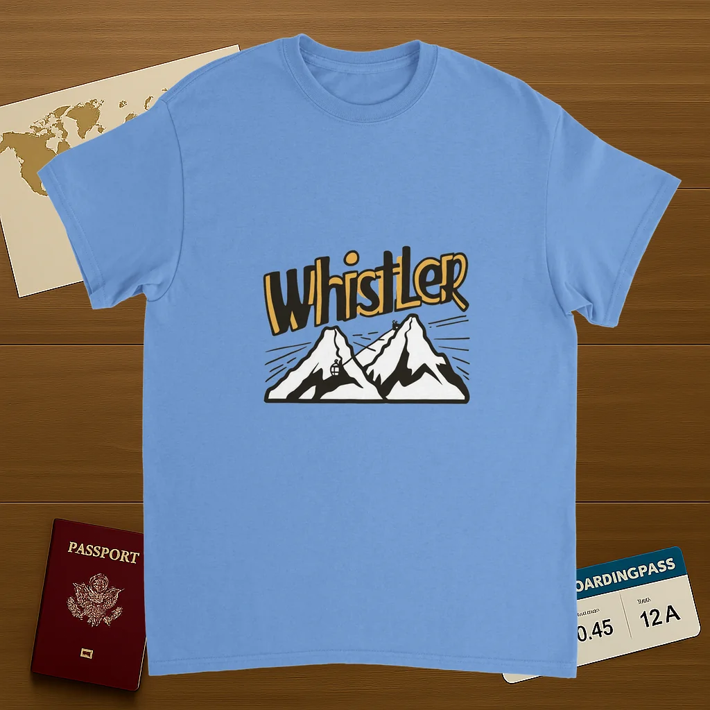 carolina blue Whistler Canada Unisex Travel T-Shirt on wooden background with world map, passport, and boarding pass