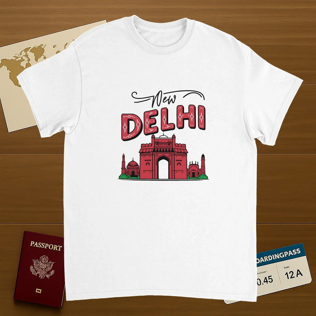 white New Delhi India Unisex Travel T-Shirt on wooden background with world map, passport, and boarding pass