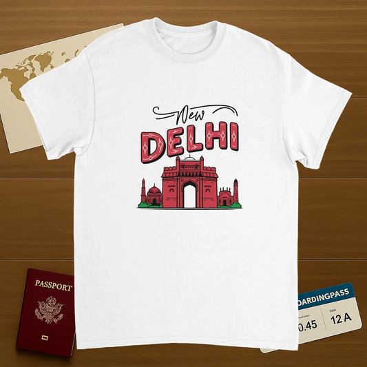 white New Delhi India Unisex Travel T-Shirt on wooden background with world map, passport, and boarding pass