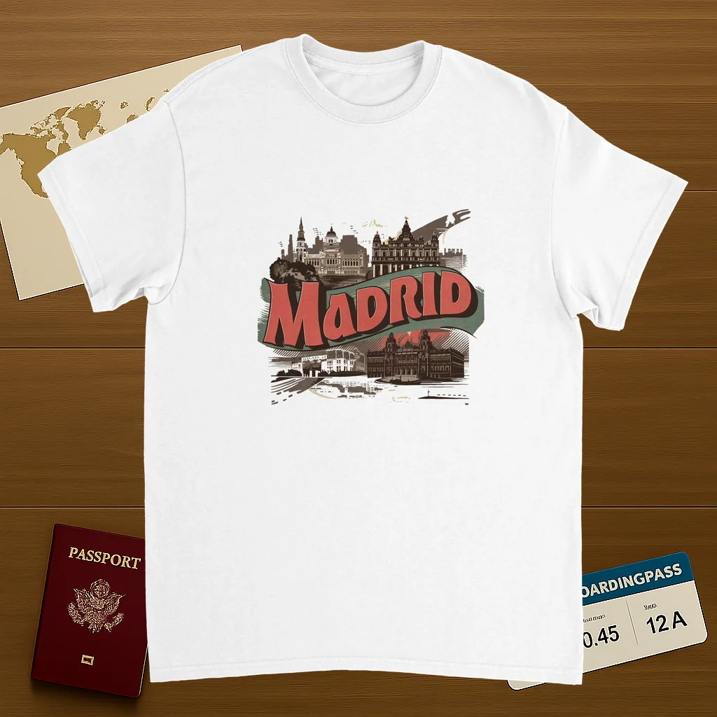 white Madrid Spain Unisex Travel T-Shirt on wooden background with world map, passport, and boarding pass