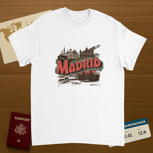 white Madrid Spain Unisex Travel T-Shirt on wooden background with world map, passport, and boarding pass