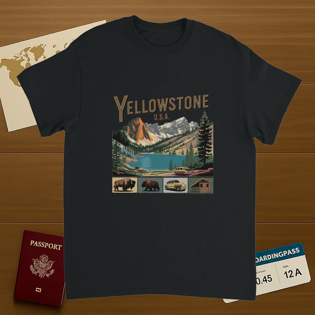black Yellowstone USA Unisex Travel T-Shirt on wooden background with world map, passport, and boarding pass