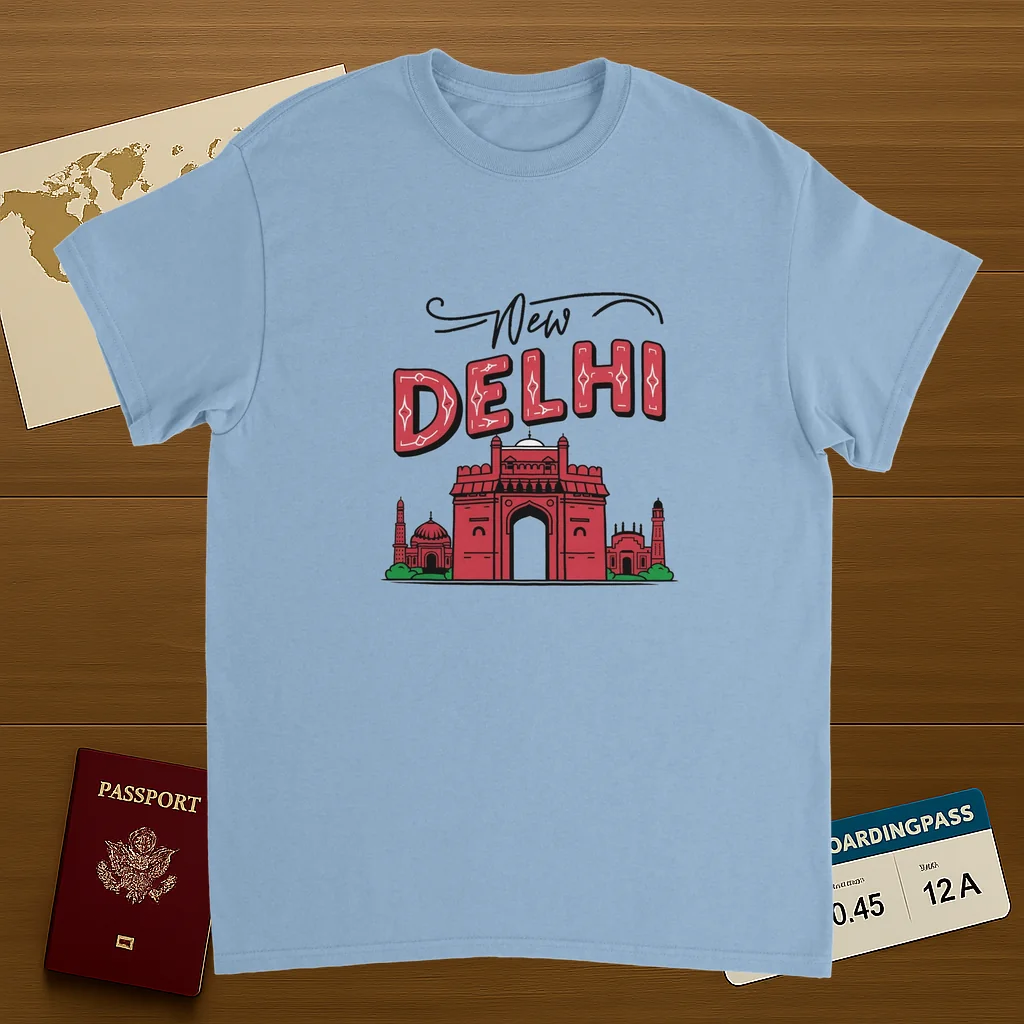 light blue New Delhi India Unisex Travel T-Shirt on wooden background with world map, passport, and boarding pass