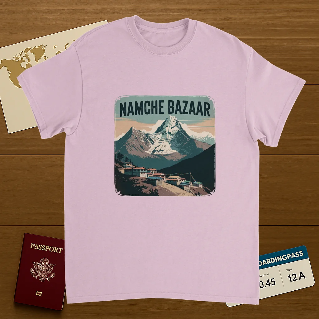 light pink Namche Bazaar Nepal Unisex Travel T-Shirt on wooden background with world map, passport, and boarding pass