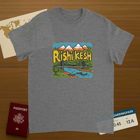 sport grey Rishikesh India Unisex Travel T-Shirt on wooden background with world map, passport, and boarding pass