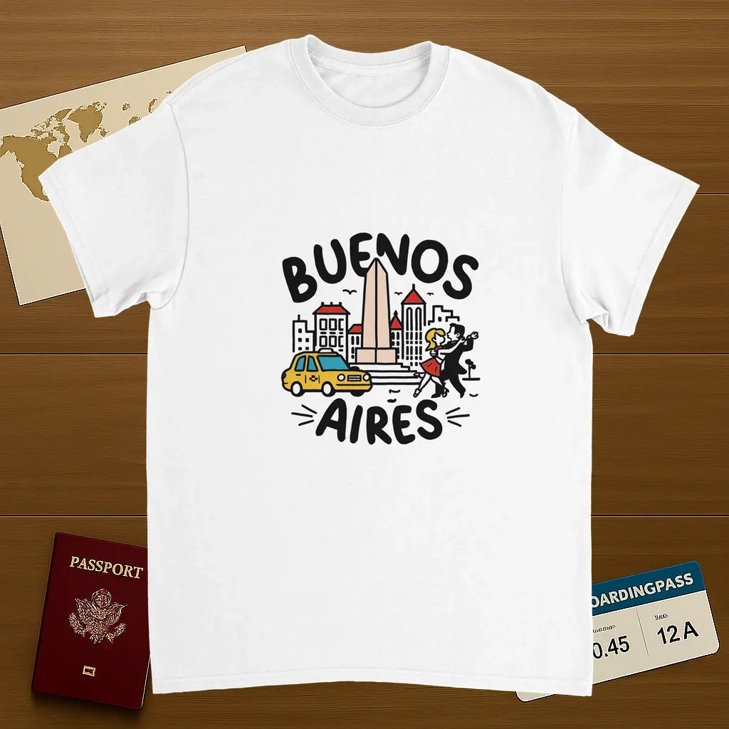 white Buenos Aires Argentina Unisex Travel T-Shirt on wooden background with world map, passport, and boarding pass