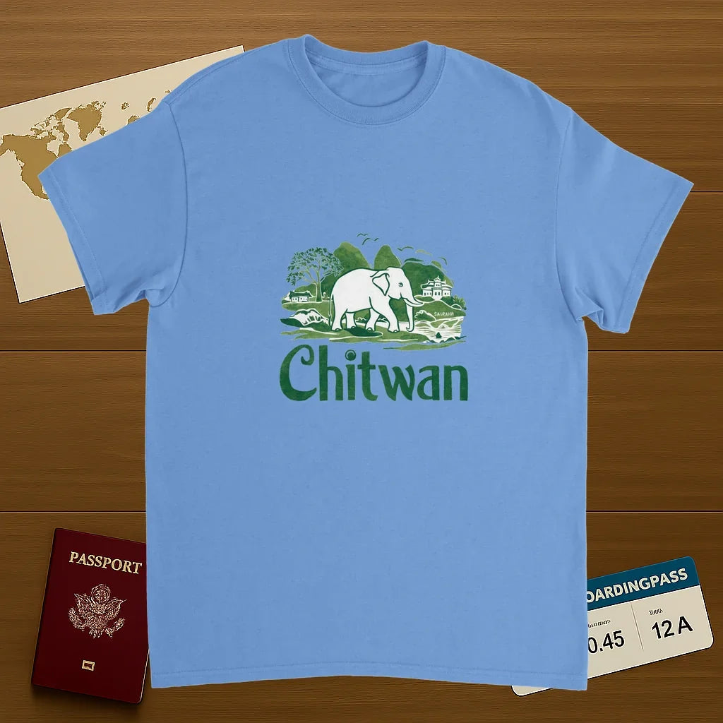 carolina blue Chitwan Nepal Unisex Travel T-Shirt on wooden background with world map, passport, and boarding pass