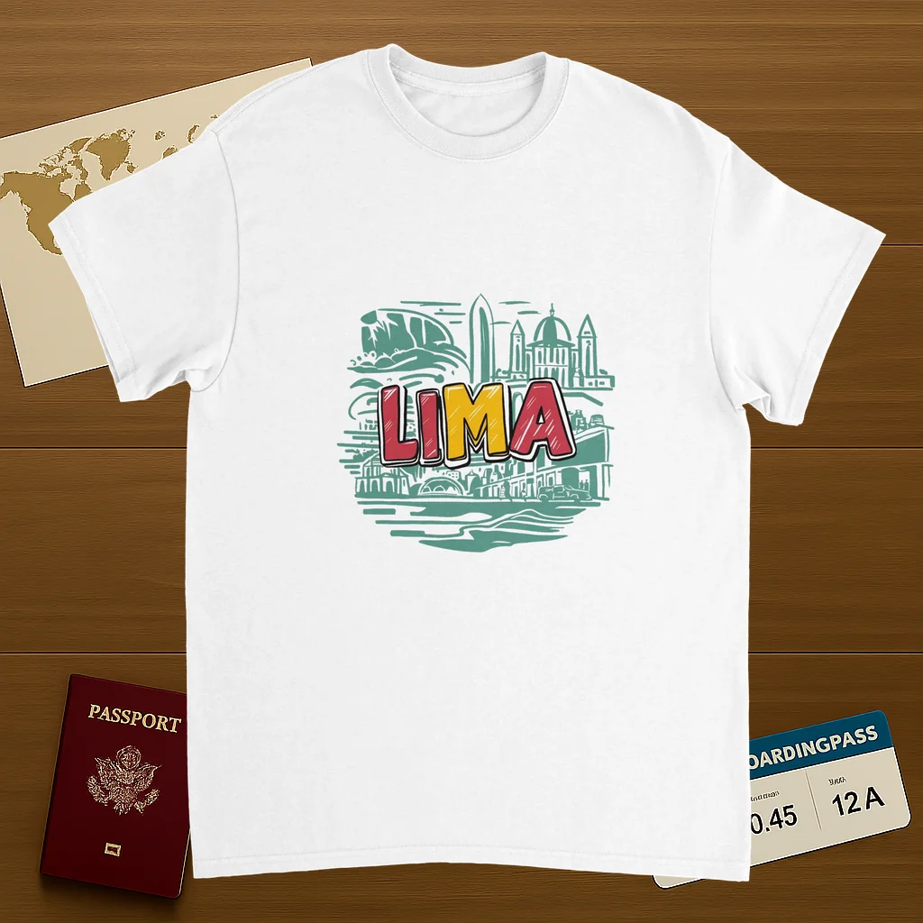 white Lima Peru Unisex Travel T-Shirt on wooden background with world map, passport, and boarding pass