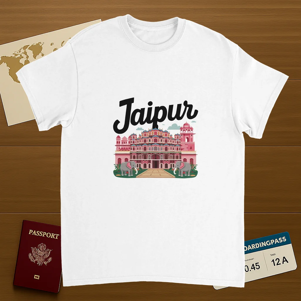 white Jaipur India Unisex Travel T-Shirt on wooden background with world map, passport, and boarding pass