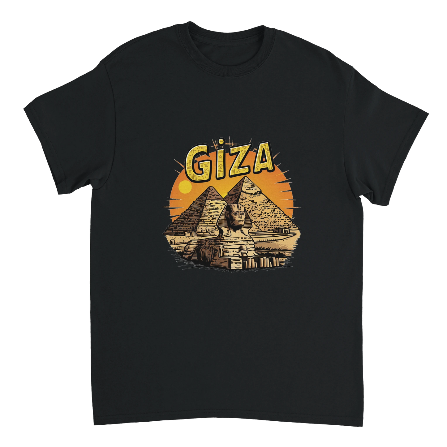 black Giza Egypt Unisex Travel T-Shirt on wooden background with world map, passport, and boarding pass