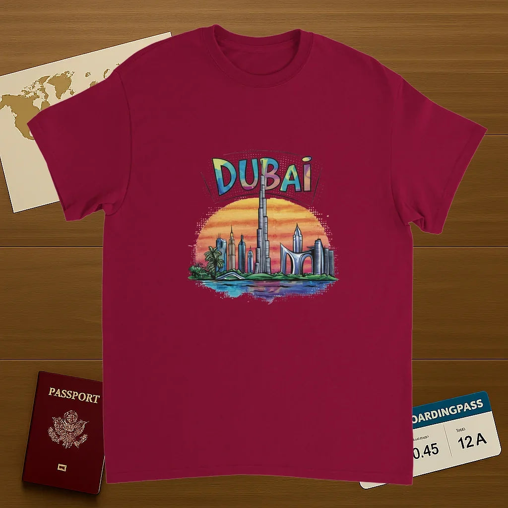 cardinal red Dubai Unisex Travel T-Shirt on wooden background with world map, passport, and boarding pass