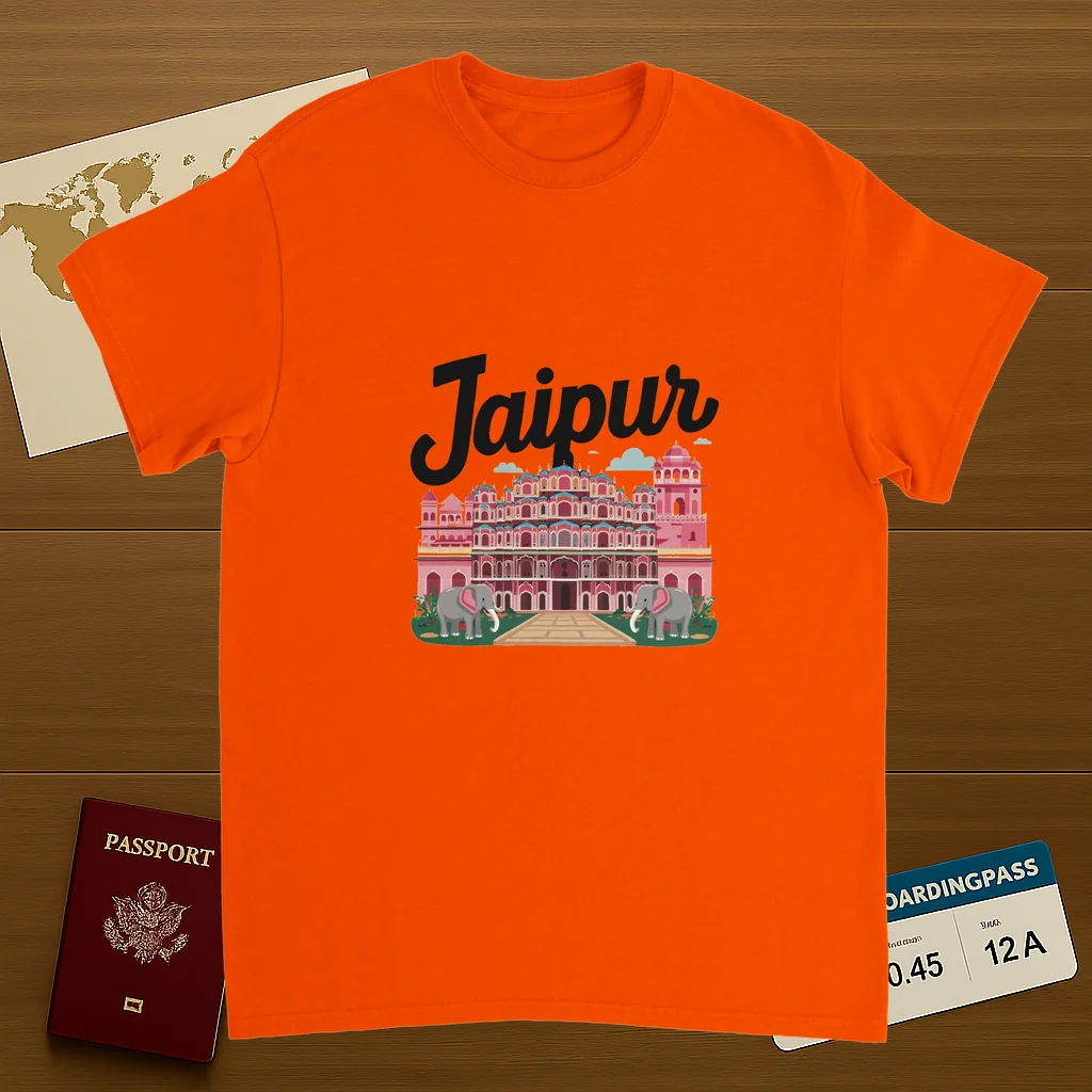 orange Jaipur India Unisex Travel T-Shirt on wooden background with world map, passport, and boarding pass