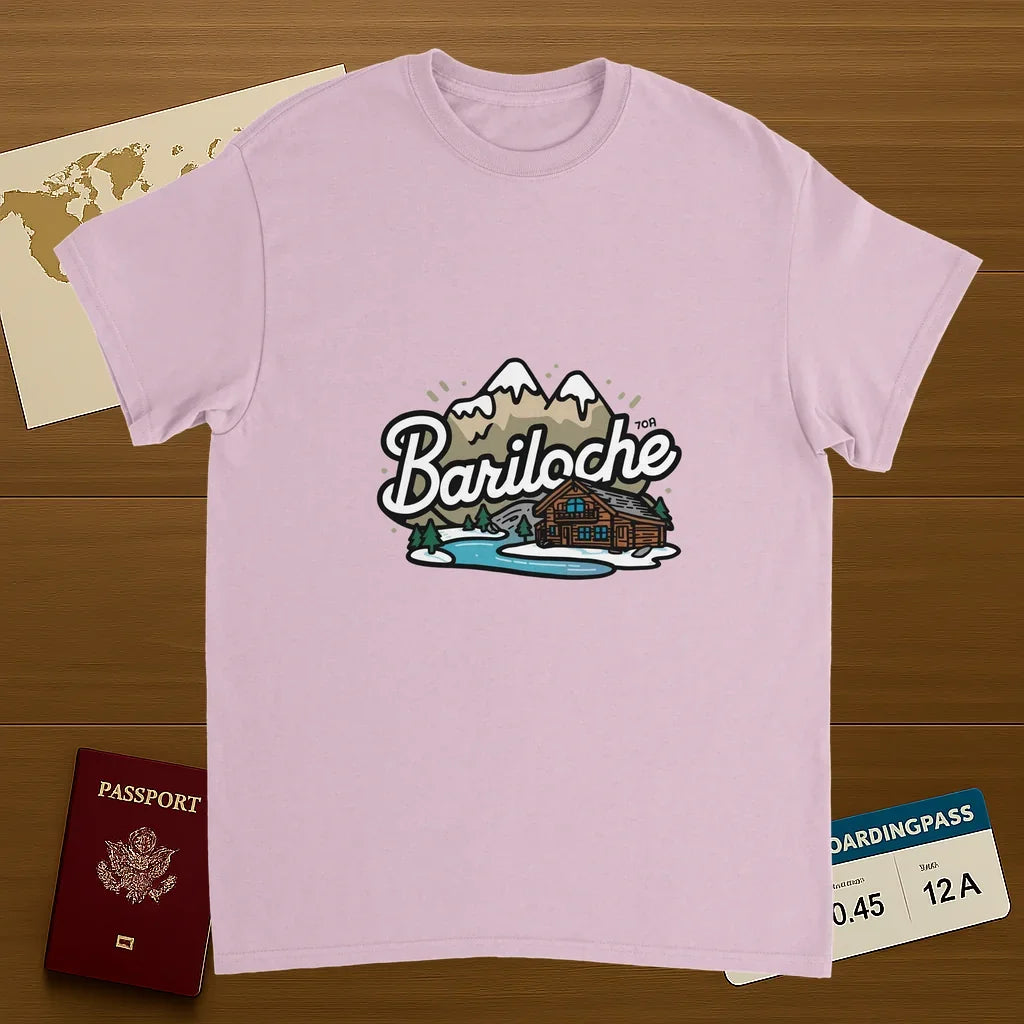 light pink Bariloche Argentina Unisex Travel T-Shirt on wooden background with world map, passport, and boarding pass