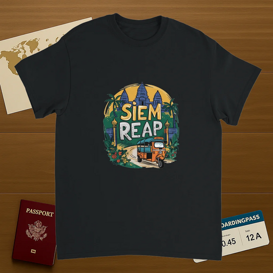 black Siem Reap Cambodia Unisex Travel T-Shirt on wooden background with world map, passport, and boarding pass