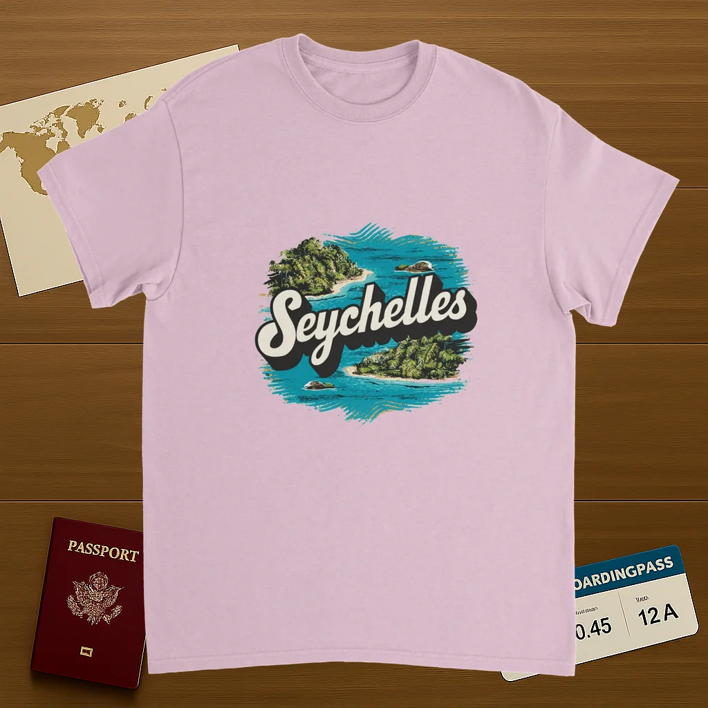 light pink Seychelles Unisex Travel T-Shirt on wooden background with world map, passport, and boarding pass