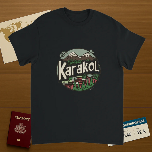 black Karakol Kyrgyzstan Unisex Travel T-Shirt on wooden background with world map, passport, and boarding pass