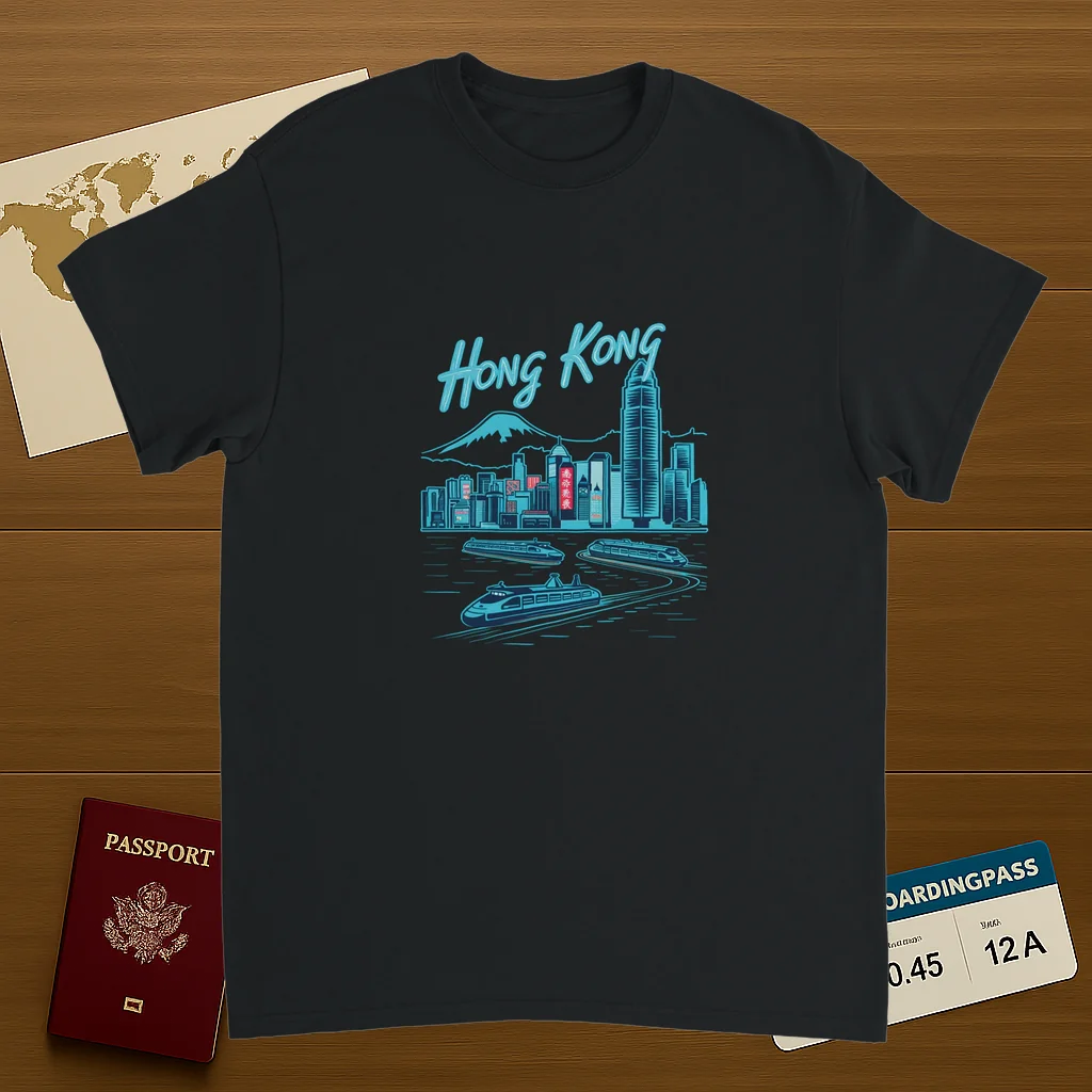 black Hong Kong Unisex Travel T-Shirt on wooden background with world map, passport, and boarding pass