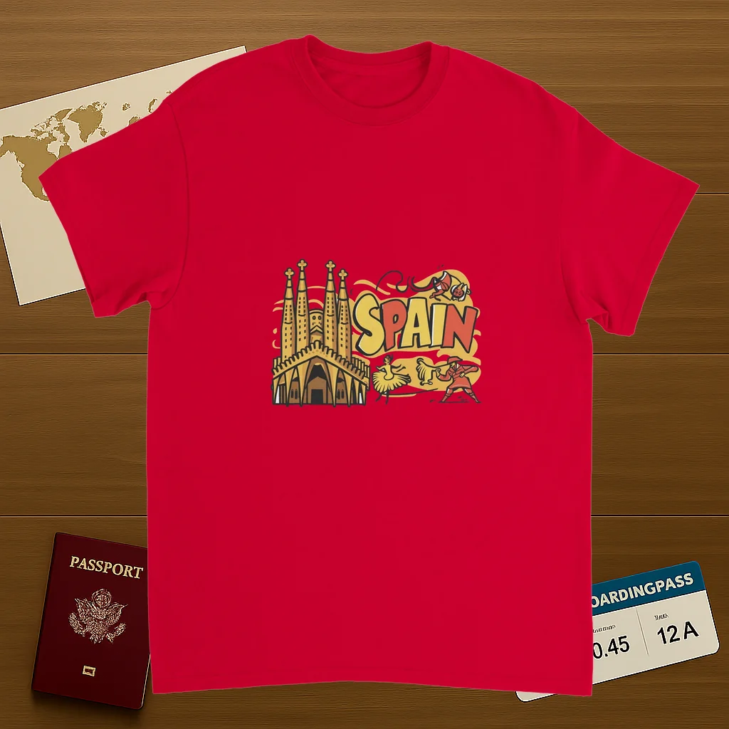 red Spain Unisex Travel T-Shirt on wooden background with world map, passport, and boarding pass
